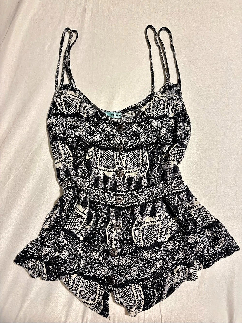 maurices Elephant Print Button Front Cami Tank Top Black & White Medium